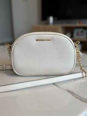 Michael Kors White Pebbled Leather Oval Crossbody with Gold Hardware